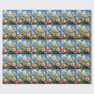Colorful yellow bird and pretty pink roses wrapping paper