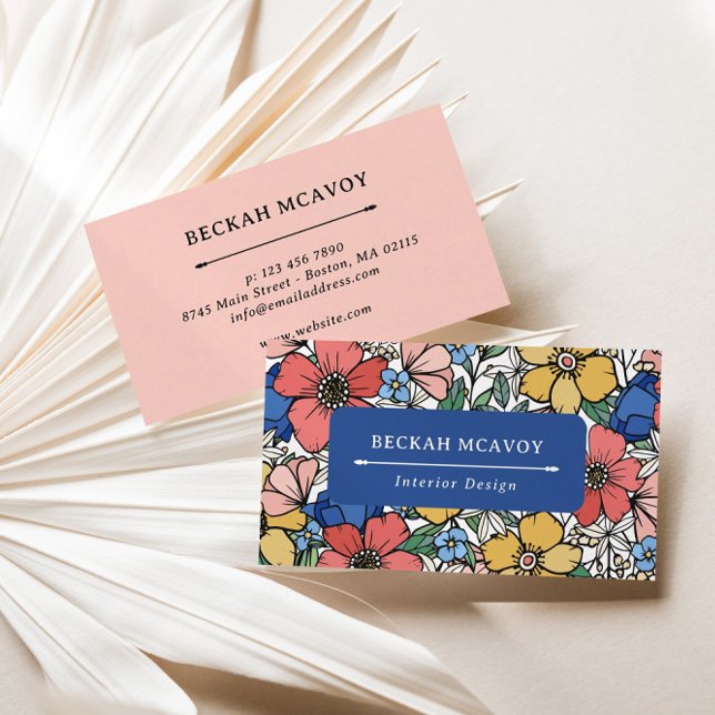 Colorful Yellow Blue Coral Floral Pattern Business Card (Creator Uploaded)