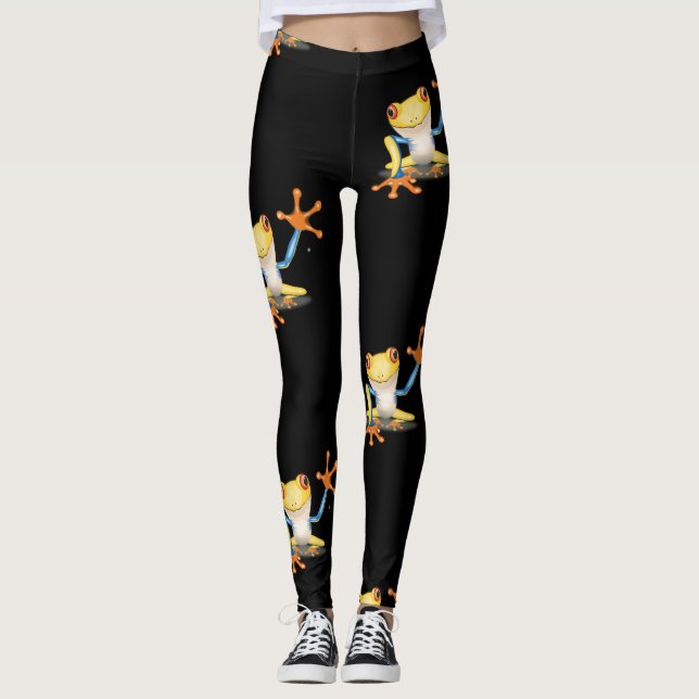 Colorful Yellow & Blue Red Eyed Tree Frog Leggings (Front)