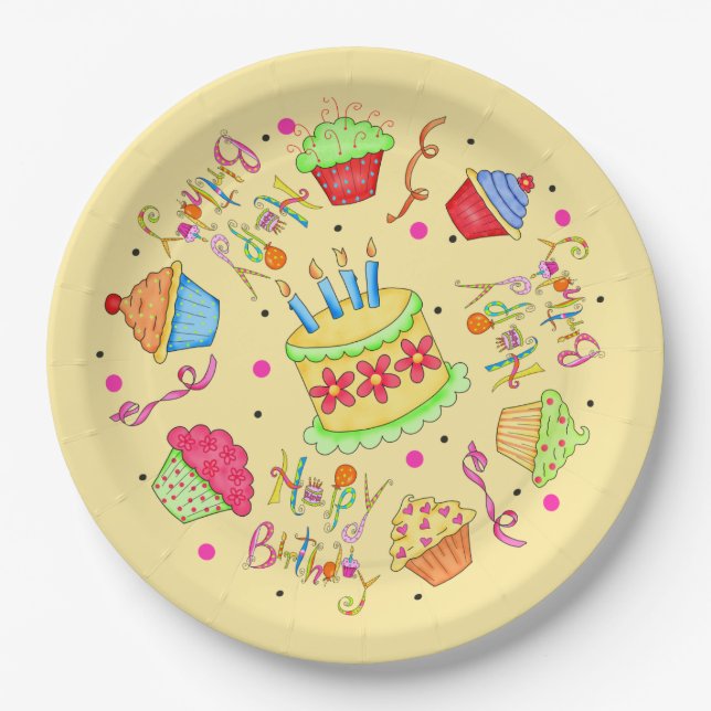 Colorful Yellow Cupcakes Cake Happy Birthday Paper Plates (Front)