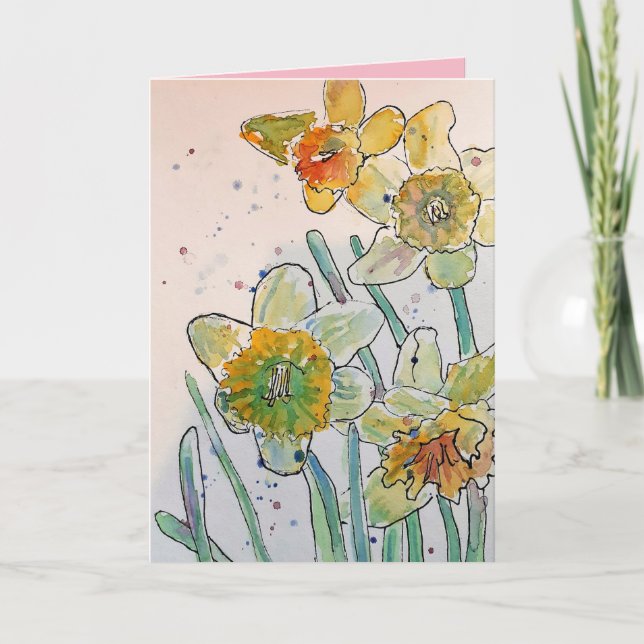 Colorful Yellow Daffodil Watercolor Greetings Card (Front)