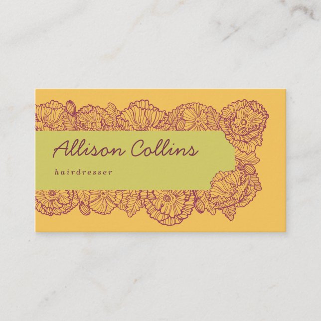 Colorful yellow hand drawn flowers business card (Front)