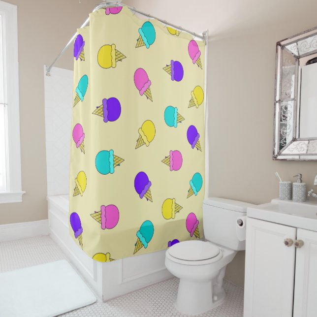 Colorful yellow ice cream cone shower curtain (In Situ)