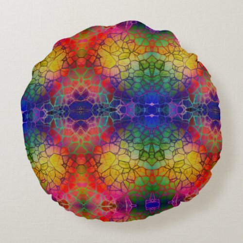 Colorful Yellow Orange Purple Mosaic Abstract Round Pillow