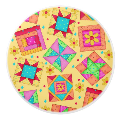 Colorful Yellow Quilt Patchwork Block Art Ceramic Knob