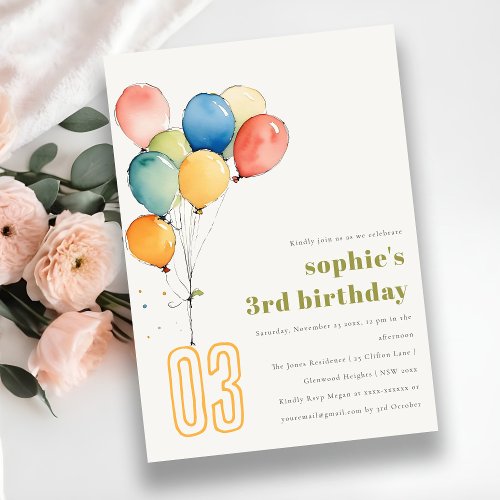 Colorful Yellow Red Green Balloons Kids Birthday Invitation