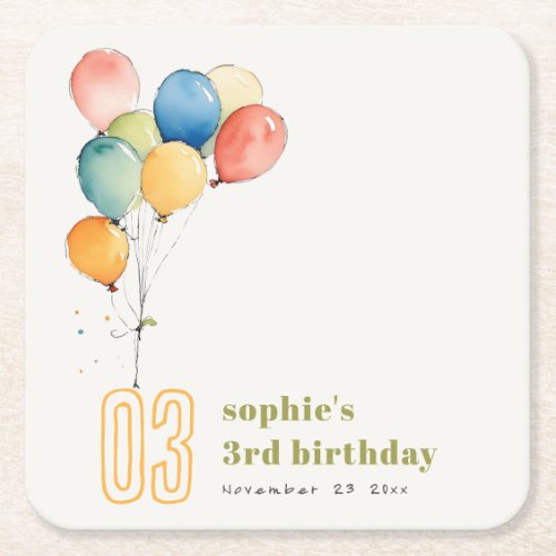Colorful Yellow Red Green Balloons Kids Birthday Square Paper Coaster