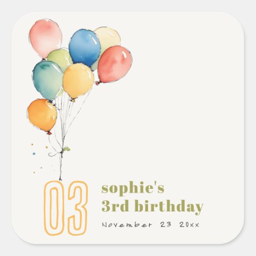 Colorful Yellow Red Green Balloons Kids Birthday Square Sticker