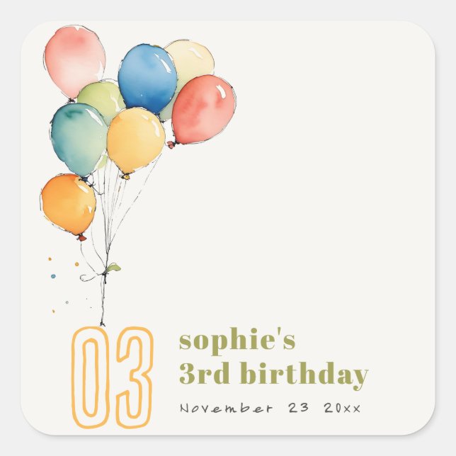 Colorful Yellow Red Green Balloons Kids Birthday Square Sticker (Front)