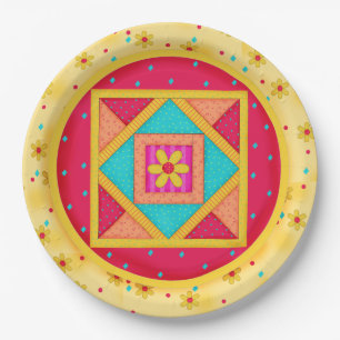 Colorful Yellow Red Quilt Art Design Pattern Paper Plates