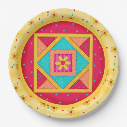 Colorful Yellow Red Quilt Art Design Pattern Paper Plates