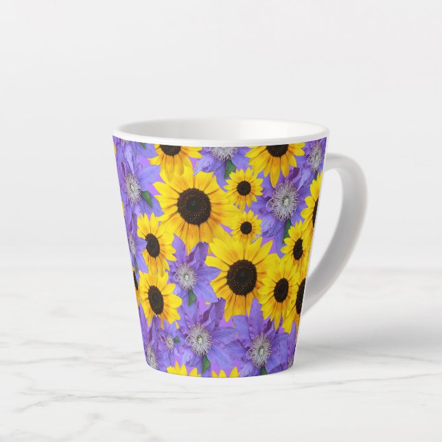 Colorful Yellow Sunflower & Purple Floral Pattern  Latte Mug (Right Angle)