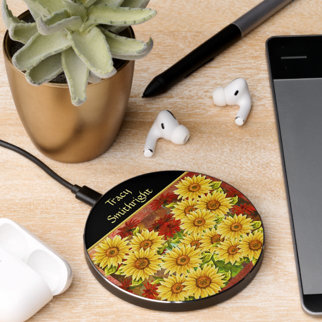 Colorful yellow tropical sunflowers  wireless charger  (Desk 2)