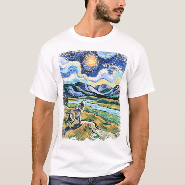 Colorful Yellowstone National Park Wolf Howling T-Shirt (Front)