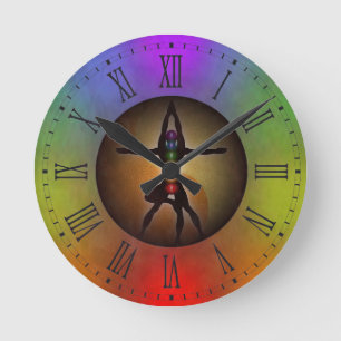 Colorful Yoga Chakras Yin Yang Grunge Small Round Round Clock
