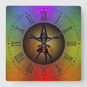 Colorful Yoga Chakras Yin Yang Roman Numerals Square Wall Clock