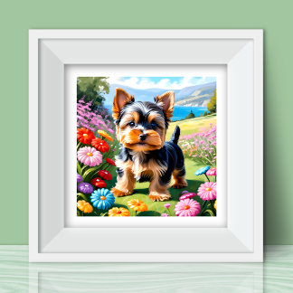 Colorful Yorkie Terrier Puppy Posing at the Park Poster