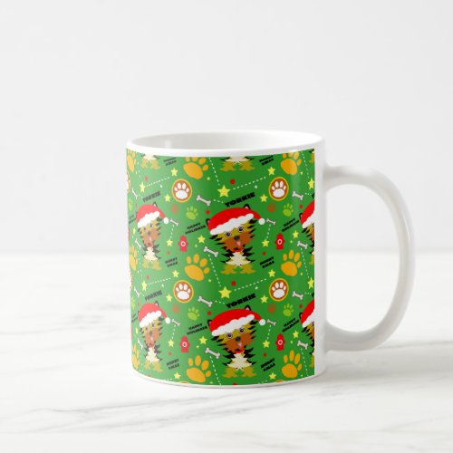 Colorful Yorkshire Terrier Cartoon Christmas Green Coffee Mug