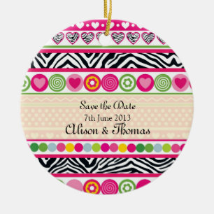 Colorful Zebra hearts 'Save the date' Ornament