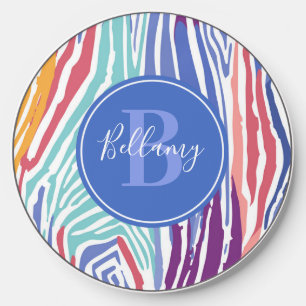 Colorful Zebra Pattern w/ Custom Monogram & Name Wireless Charger