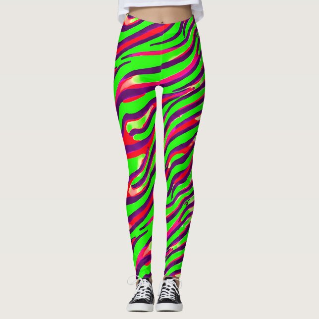 Colorful Zebra Print Stripe Abstract Pattern Leggings (Front)