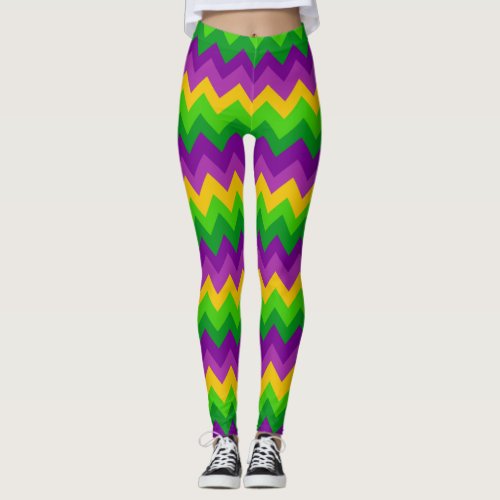 Colorful Zig Zag Stripes Mardi Gras Carnival Party Leggings