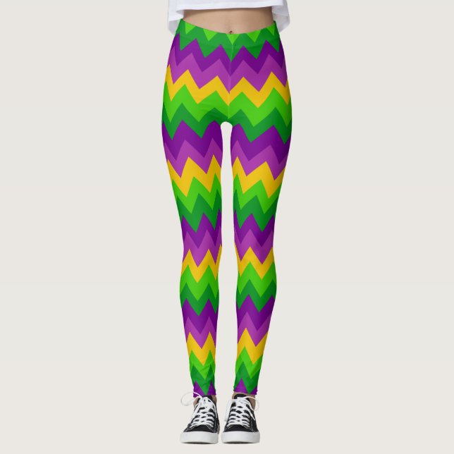 Colorful Zig Zag Stripes Mardi Gras Carnival Party Leggings (Front)