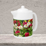 Colorful Zinnia Blooms Floral Teapot<br><div class="desc">White ceramic teapot with lid that features a wrap-around photo image of a summer garden of colorful Zinnia blooms,  with colors being primarily red and white flower. A lovely,  floral design!</div>