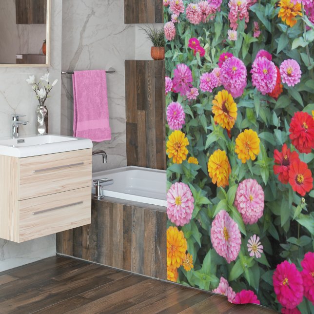Colorful Zinnia Flowers Floral Shower Curtain (In Situ Bathroom)