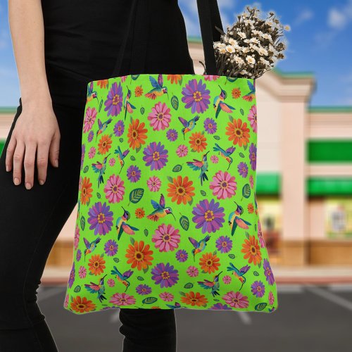 Colorful Zinnia Flowers  Hummingbirds Pattern  Tote Bag