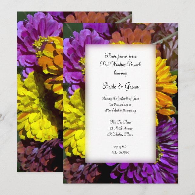 Colorful Zinnia Flowers Post Wedding Brunch Invitation (Front/Back)