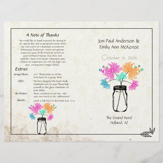 Colorful Zinnia Mason Jar Wedding Program (Front)