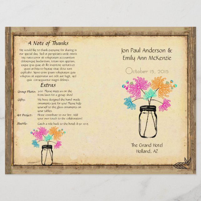 Colorful Zinnia Mason Jar Wedding Program (Front)