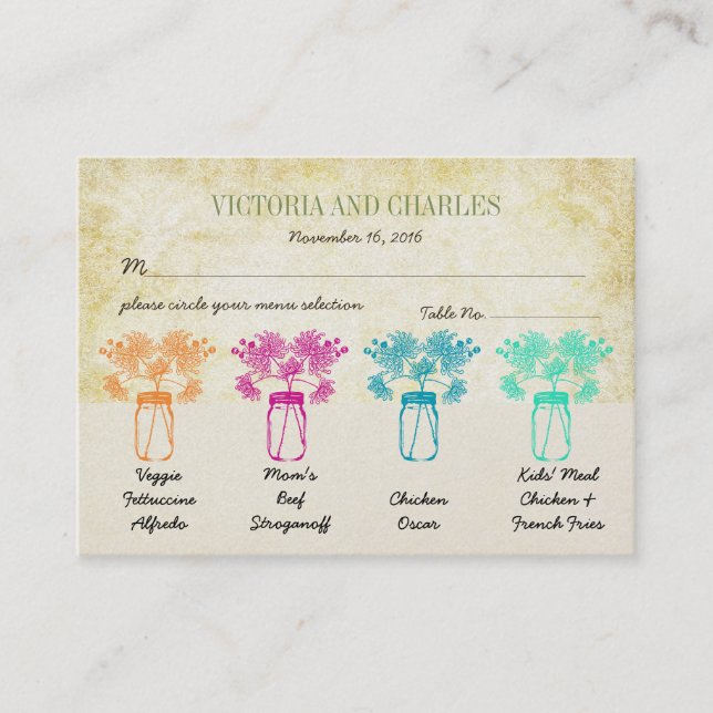 Colorful Zinnia Mason Jar Wild Flower Wedding Calling Card (Front)