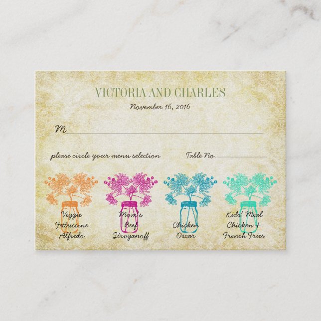Colorful Zinnia Mason Jar Wild Flower Wedding Calling Card (Front)