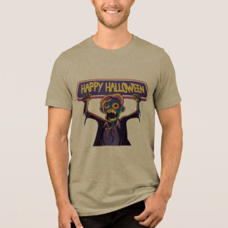 Colorful Zombie Holding Happy Halloween Banner - S Tri-Blend Shirt