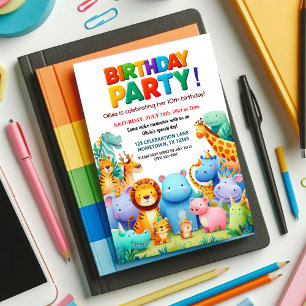Colorful Zoo Animals Birthday Party Invitation