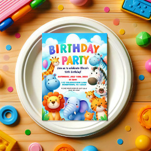 Colorful Zoo Animals Birthday Party Invitation
