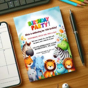 Colorful Zoo Animals Birthday Party Invitation