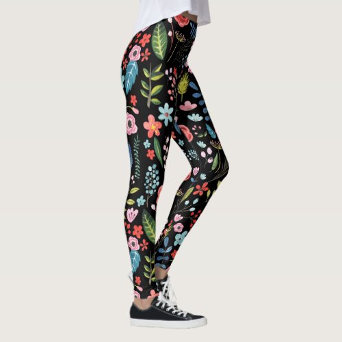 ColorfulBotanical Leafs  Flowers Pattern Leggings