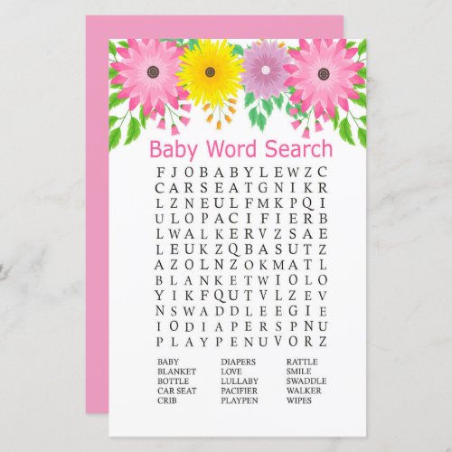 Colorfull flowers Baby Shower Word Search Game