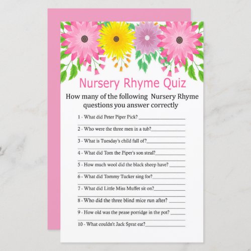 Colorfull flowers Nursery Rhyme Quiz baby shower