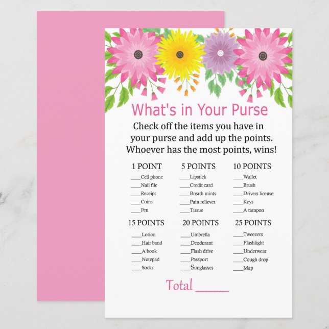Colorfull flowers What's in your purse game (Front/Back)