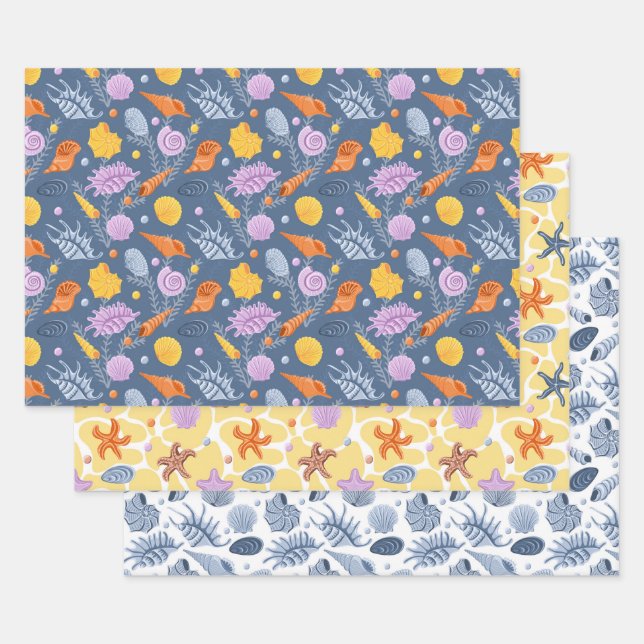 Colorfull seashells and algaes wrapping paper sheets (Set)