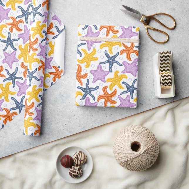 Colorfull starfishes on white wrapping paper (Crafts)