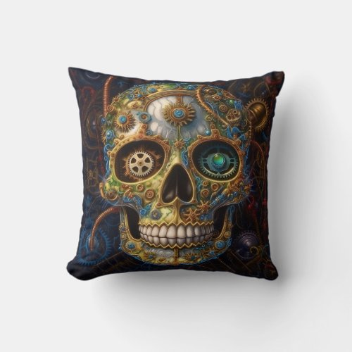 Colorfull Steampunk Skull Throw Pillow