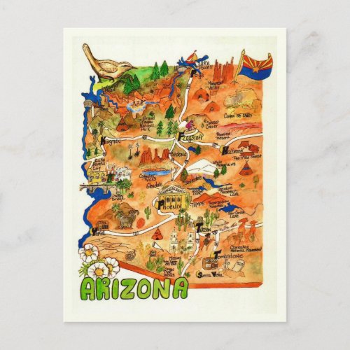 Colorfully Illustrated Arizona Map Postcard