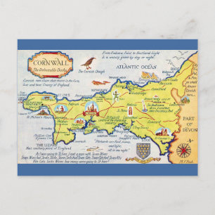 Colorfully Illustrated Map of Cornwall England Postcard