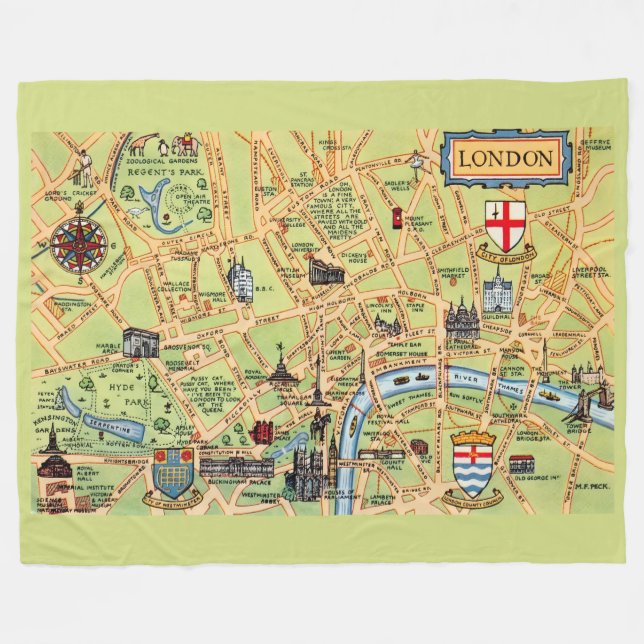 Colorfully Illustrated Map of London  Fleece Blanket (Front (Horizontal))
