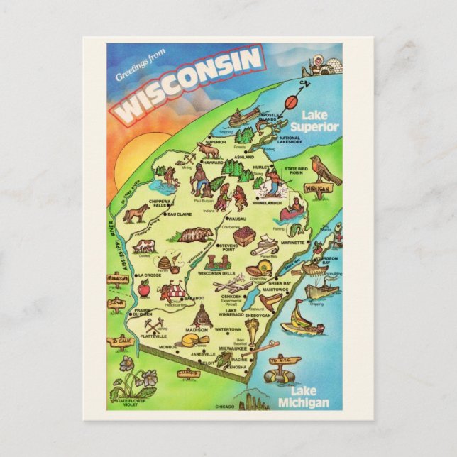 Colorfully Illustrated Wisconsin Postcard (Front)
